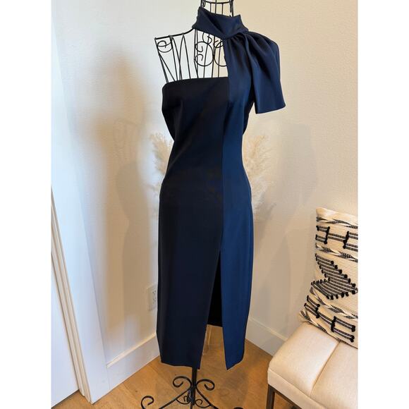 Cushnie Et Ochs Elegant Navy Blue Asymmetric Mock Neck Tie Sheath Cocktail Dress - Picture 1 of 11